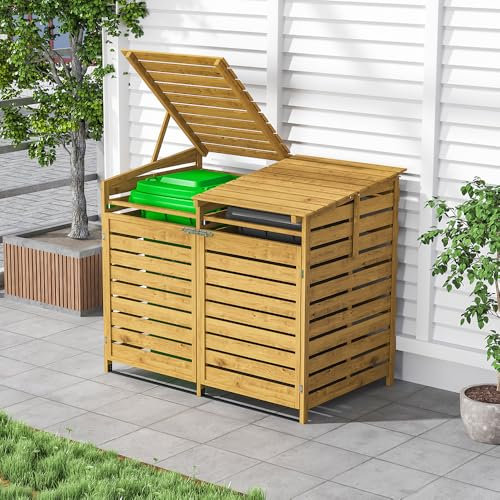 Warmiehomy 2 Wheelie Bin Storage 2 x 240L Wooden Bin Storage for Wheelie Bins, Wooden Recycling Bins Store Outdoor, 1 CM Thick Wood Board, 149 x 86 x 122.5 CM, Yellow