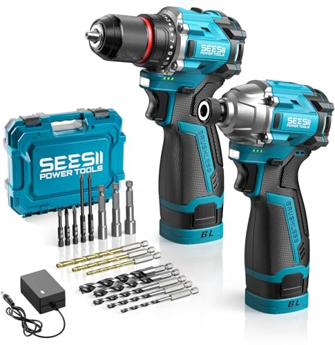 SEESII Cordless Drill Impact Driver 16.8V Brushless Power Tool Combo Kits 2x 2.0Ah Batteries w/Charger, 16-Pc Bits, Tool Bag, 3/8'' Drill & 1/4'' Impact Driver for Home DIY, Woodworking (Blue)