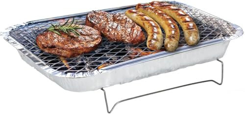 JUNG 502602 mobiler Holzkohle Einweg-Grill mit Kohle & Rost, ideal für 2 Personen Aluminium Schale Tischgrill tragbar, Holzkohlegrill ideal für unterwegs, 31 x 24 x 4,8 cm