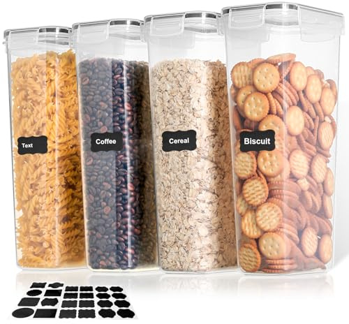 Cozary 2.8L Vorratsdosen mit Deckel Luftdicht 4er Set, BPA Frei Aufbewahrungsbox Küche,Müsli Schüttdose,Spaghetti Aufbewahrung Pasta Vorratsbehälter für Nudeln Müsli Cornflakes mit Etiketten