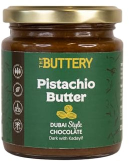 The Buttery – Crema de Pistachio Estilo Dubai Chocolate Negro 220g | Pistacho, chocolate negro 70% y kadayif turco tostado. Sin palma. Rica en proteína, fibra, vitaminas y minerales. Vegetariana