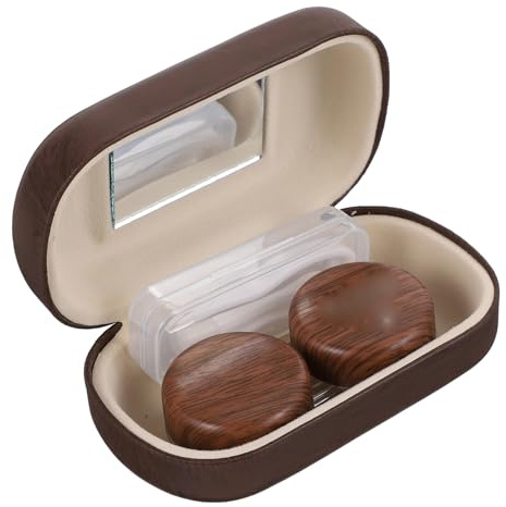 HONITANO Leak-Proof Brown Contact Lens Case with Plastic and Leather Lining, Portable Lens Organizer with Clip and Small Mirror, Travel Supplies for Storage and Protection