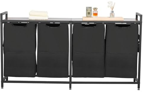 VEVOR Cesta para la Colada con Tablero de Madera, Clasificador de Ropa 1312 x 330 x 710 mm con 4 Bolsas Extensibles de Tela Oxford 600D y Estructura de Metal, Clasificador de Ropa para Baño, Negro