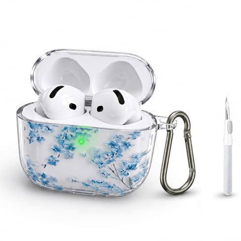 IUSOT Hülle kompatibel mit AirPods 4 Case (2024) AirPods 4 ANC Schutzhülle | Anti-Gelb Blaue Blume Design & Reinigungsset - 2-teiliges stoßfestes Transparent TPU Case mit Karabiner & 3-in-1 Stift