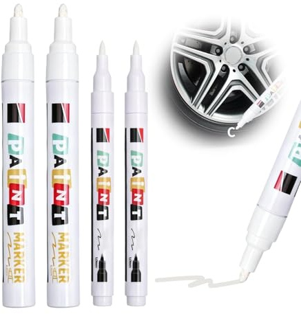 4 Stück Reifenstift Weis Wasserfest, 1mm & 3mm Reifenmarker für Auto Motorrad, weißer Lackstift mit großer Kapazität für Reifen, Glas, Metall, Gummi, langlebiger Lackstift Weiß Auto für präzises Malen