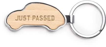eBuyGB Just Passed Keyring, Car Shaped Number Plate Keychain, Laser Engraved “JU5T PAS5ED”, New Driver Gift, Bamboo & Metal Car Keyring, Passed Driving Test Gift