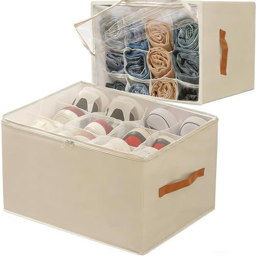 ACETEND Shoe Storage Box,Fits 12 Pairs,Foldable Shoe Organiser for Wardrobe with Clear Lids Stackable, Bottom Support and Reinforced Handles,for Boots Sneakers Heels