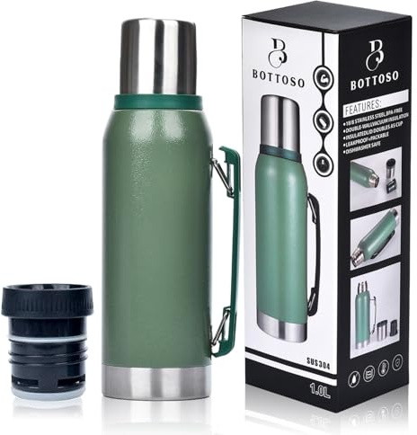 BOTTOSO Termo para Mate y Café de 1 Litro | Acero Inoxidable Doble Pared con Aislamiento Térmico 24 Horas | Botella Hermética con Pico Cebador de Precisión (verde)