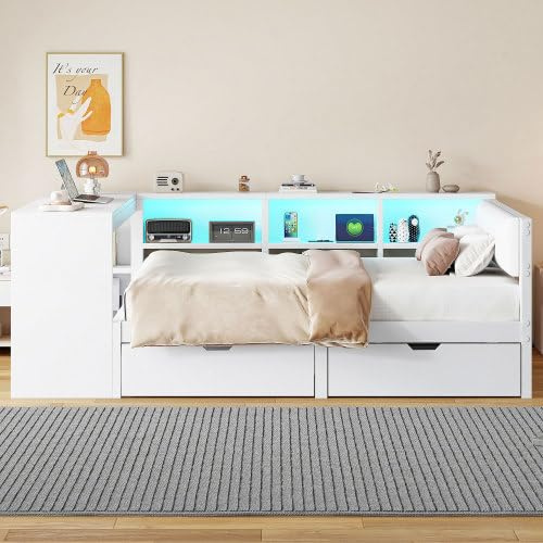 Merax Funktionsbett 140x200 cm Kinderbett mit Polsterkopfteil, Schubladen, Ablageflächen, USB-Ladestation und LED-Beleuchtung – Plattformbett für Kinderzimmer, Jugendbett, Tagesbett, Weiß