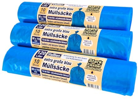 Vallian Müllsäcke 120 Liter Blau Extra Groß 80x110 cm – 30 Stück (3x10) – Stark Flexibel Auslaufsicher – Für Haushalt und Professionellen Gebrauch – 100% Recyclebar