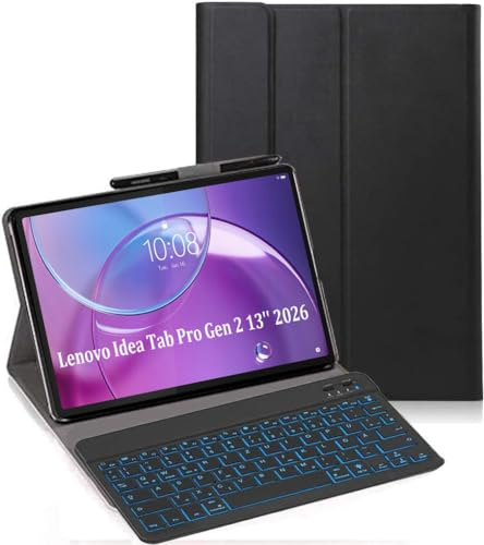 YHFZR Tastatur Hülle für Lenovo Idea Tab Pro Gen 2 Tablet 13 Zoll 2026, Deutsches QWERTZ, Ultraslim Hülle mit 7 Farben Beleuchtung, Kabellose Bluetooth Tastatur mit Schützhülle, Schwarz