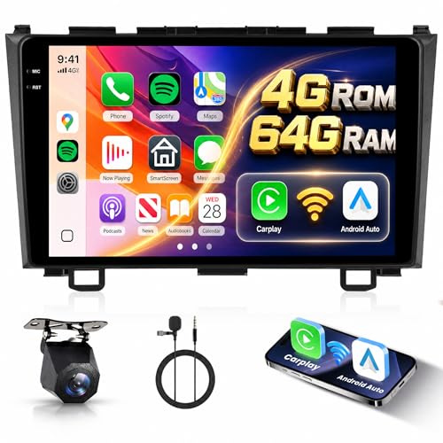 Hodozzy 4GB+64GB Radio para Honda CRV 2007-2011, 9 Pulgadas InCell Pantalla Táctil GPS Carplay Android Auto Inalámbrico, Radio Coche Android 2 DIN para Honda CRV Reproductor Bluetooth WiFi Cámara