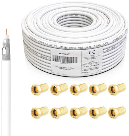 Premium X Profesional Set de Cables Coaxiales 25m – Cable Satelital Blanco | Cobre Puro | Cable de Antena Blindado de 4 vías | Incluye 10 Conectores F-Admite 8K, 4K UHD y 3D para Sat, Cable, DVB-T