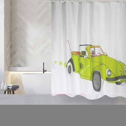 MSV, Rideau de Douche, en Polyester, Revêtement antibactérien, Anneaux Inclus, Lavable à 30°, Imperméable Tissu Lavable en Machine Rideau Salle de Bain, Voiture Verte, 180 x 200 cm