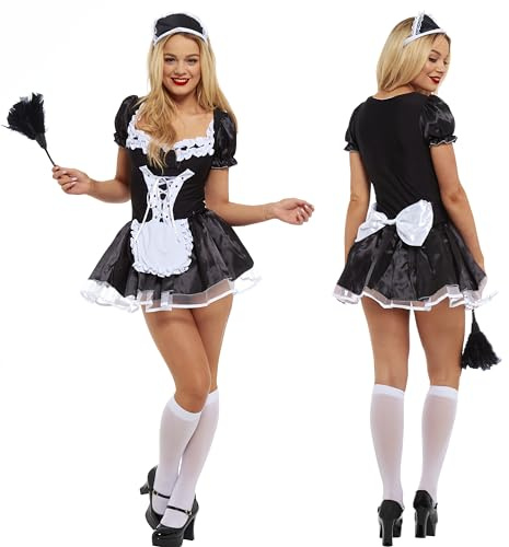 SoWest French Maid Fancy Dress Costume for Women – Black & White Maid Dresses with Attached Net Underskirt & Headdress | Sexy Cosplay Outfit for Halloween, Roleplay & Parties