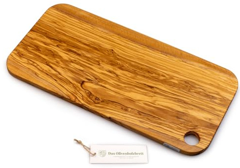 DAS OLIVENHOLZBRETT® Schneidebrett oder Servierbrett mit abgerundeten Ecken und Loch 60cm x30cm x2,5cm