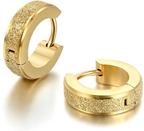 JewelryWe Schmuck Herren Damen Ohrringe, Edelstahl, Sandgestrahlt Creolen Hoop Huggie Ohrstecker, Gold