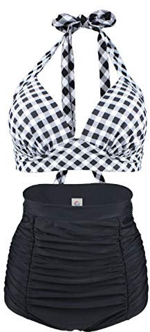 Bslingerie® - Costume da Bagno da Donna, Stile Retrò, 2 Pezzi, a Vita alta Scacchiera S