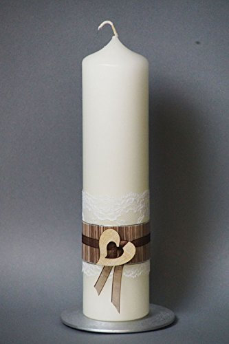 Hochzeitskerze Vintage mit Spitze und Herz aus Holz, 25 x 6 cm ; inkl. Beschriftung ! T-21