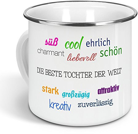 printplanet - Emaille-Tasse mit Namen Die Beste Tochter der Welt - Metallbecher mit Design Positive Eigenschaften - Nostalgie-Becher, Camping-Tasse, Blechtasse, Farbe Silber, 300ml