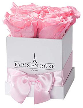 PARIS EN ROSE Rosenbox | mit Vier rosa Infinity Rosen Größe XL | konservierte ewige Rose | eckige weiße Box mit Band | 3 Jahre haltbar