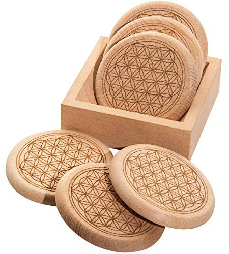 Spruchreif | Glasuntersetzer/Glasabdeckung mit Holz-Ständer | Motiv: Blume des Lebens (6er Set) | Esoterik Geschenk | Spirituelle Geschenke