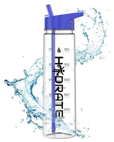 HYDRATE Water Bottles Motivational premium 900ml water bottles with straw - Daily water intake with Time Markings, BPA-Free. Leak proof Ideal for hydration at office, gym. (Blue)