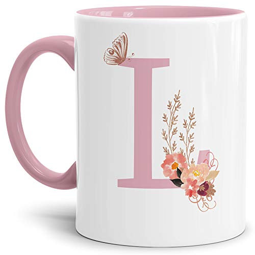 Tassendruck Buchstaben-Tasse mit Blumen - Buchstabe L - Innen & Henkel Rosa - Mug/Cup/Becher/Edel/Geschenk-Idee/Beste Qualität - 25 Jahre Erfahrung