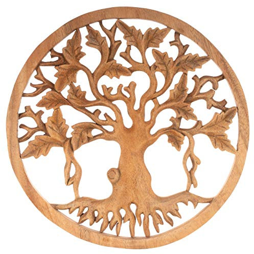 Nexos Trading Divero Wandbild handgemacht Relief Mandala Lebensbaum Wunschbaum Kalpataru aus Suar Holz Wanddeko handgeschnitzt und geschliffen Wandschmuck Ø 30cm