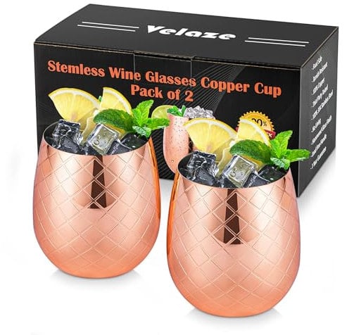 Velaze Bicchiere in acciaio inox rame, Copper 304 per cocktail e bevande ghiacciate, set di bicchieri infrangibili con motivo squisito di 2 pezzi, tazza ideale come regalo per Natale e festa