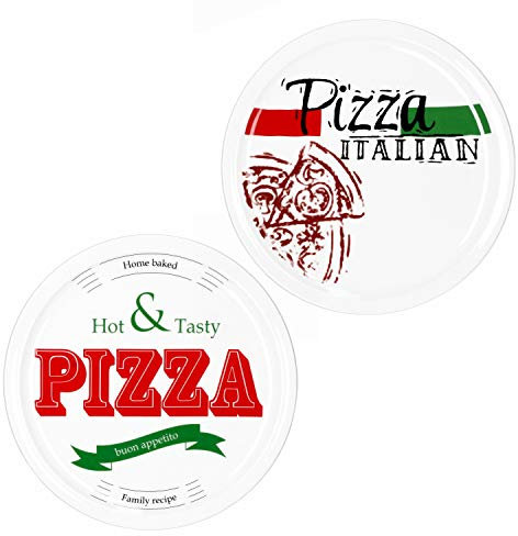 MamboCat 2-er Set Pizzateller Ø 30,5 cm Motive Pizza Italian + Hot & Tasty I große weiße Teller aus Steingut zum Anrichten für Pizza und Co oder als Steingutplatten zum Servieren von Wurst und Käse