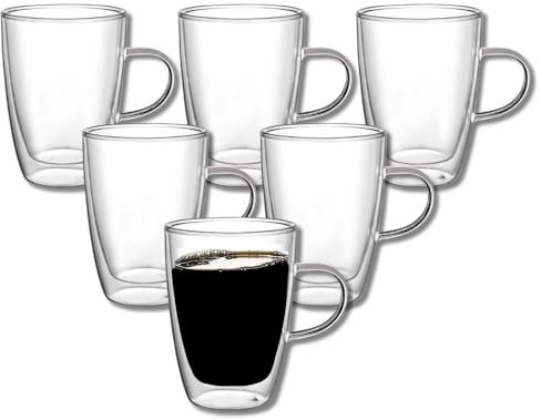 Kadum doppelwandige Gäser mit Henkel 6er-Set | Thermogläser Thermotassen | Kaffeeglas 350 ml | Hitzebeständig Kältebeständig | Kaffee Tee doppelwandige Tassen | im Geschenkkarton
