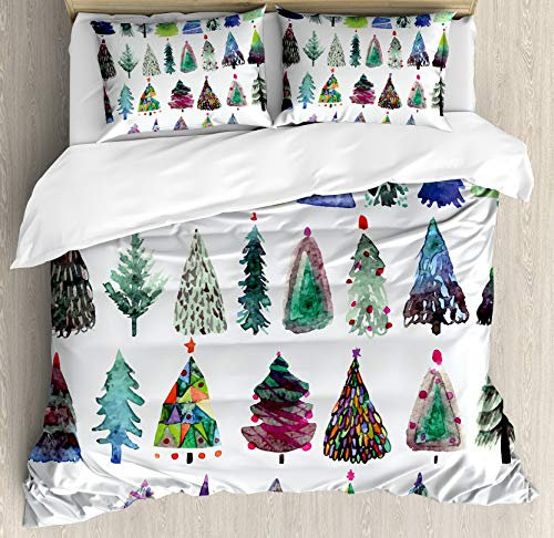 Moniii Weihnachts-Bettbezug-Set, Aquarell-Weihnachtsmotiv, Tannenbäume, abstrakte Silhouetten, Illustration, dekoratives 3-teiliges Bettwäsche-Set mit 2 Kissenbezügen, grünes Seafoam