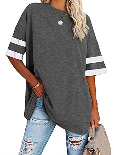 Famulily Plus Size Color Block Tunic Tshirts Ladies Round Neck Striped Half Sleeve Baseball T Shirt Dark Grey L