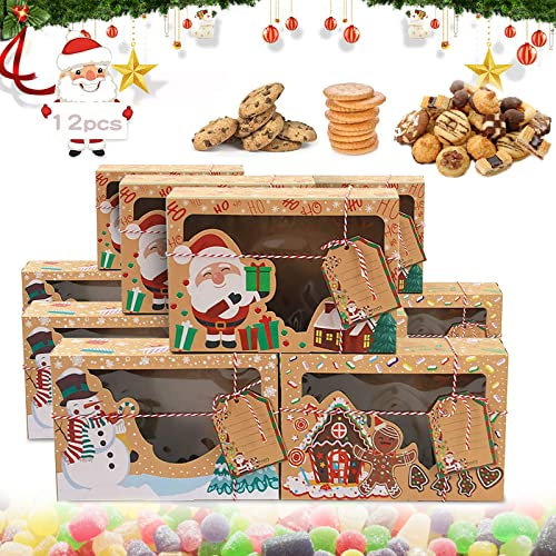12 Stück Weihnachts-Kekskästen Boxen Weihnachten Geschenkbox Donut-Geschenkboxen Bäckereikarton mit Weihnachtsbändern für Bäckerei Schokolade Pralinenschachtel Weihnachten Verpackung