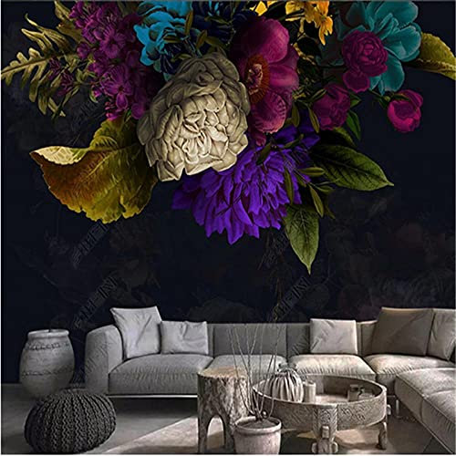 Personnalisé Salon Papier Peint Mural Rétro Fleur Fond Noir Peinture Murale Chambre Papier Peint Décor À La Maison-300x210cm