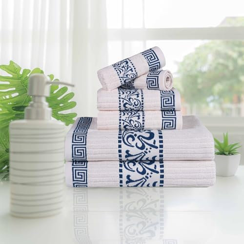 Superior 6-teiliges Handtuch-Set, griechisches Muster, saugfähig, Premium-Baumwolle, Dekoration für Badezimmer, Spa, inkl. 2 Hand, Athen-Kollektion, elfenbeinfarben-Marineblau