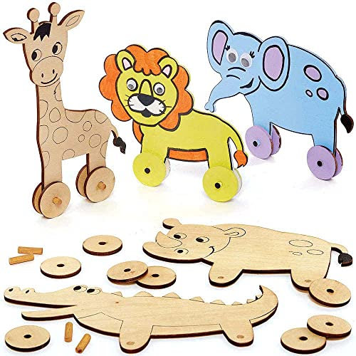Baker Ross FC882 Dschungel Tier Bastelsets aus Holz - 5er Pack, Kleine Rennwagen Holzbastelsets für Kinder zum Bemalen und Basteln
