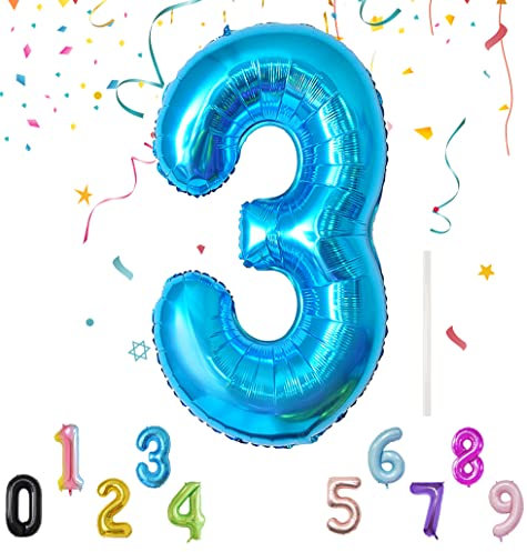 Shonye 40Inch Number Balloon with a Straw, Foil Mylar Helium Balloons for Decoration Supplies, Digital Birthday Parties/Anniversary/Memory Day, Reusable -Blue 3