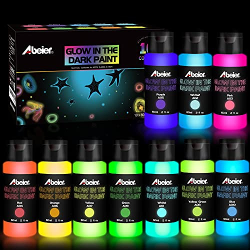 ABEIER Pintura acrílica que brilla en la oscuridad, 10 colores brillantes (60 ml), pintura de luz negra, pintura fluorescente brillante de larga duración, ideal para proyectos de bricolaje, Halloween,