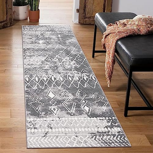 Carvapet Läufer Teppich 60x210cm rutschfest Lang Küchenteppich Waschbar Teppichläufer Weiche Mikrofaser Geometrisch Flächenteppich Laufteppich(Grau)