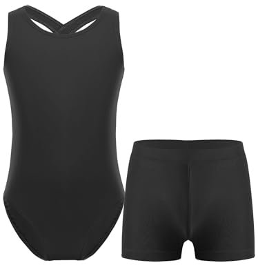 HULIJA Kinder Mädchen Turnanzug Ärmellose Ballettanzug mit Kurz Hose Gmynastikanzug Tanzbody Bühnenauftritt Ballettkleidung A Schwarz 146-152