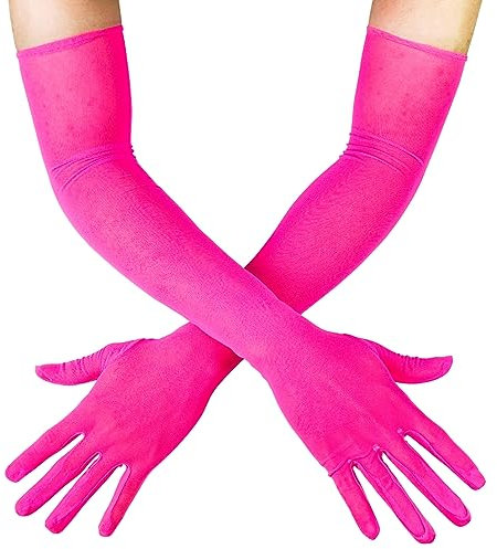 Luwint 2 Paar lange Netzhandschuhe, über Ellenbogen, Tüll, durchsichtige Handschuhe, Opernkleid, Halloween, Kostüm, Cosplay-Handschuhe, Pink, Extra Long