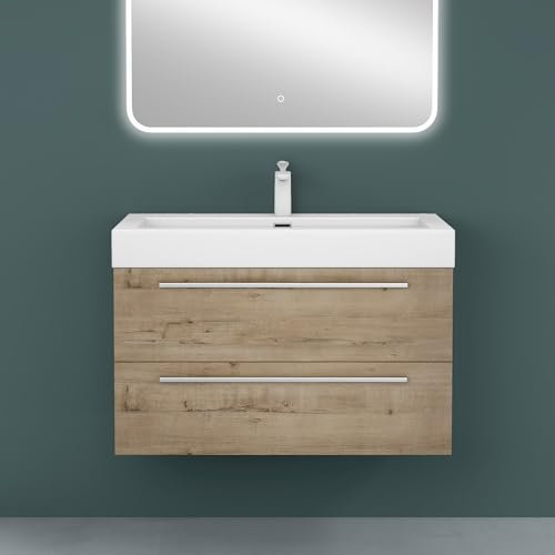 Mai & Mai Meuble de Salle de Bain Chêne Clair 90cm Meuble sous Vasque Quadratto Meuble Suspendu avec Vasque