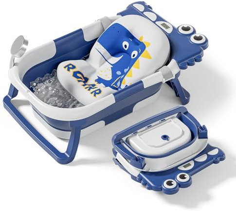 Bañera Plegable Bebé Con Cojín De Baño Antideslizante - Bañera Bebe Plegable Con Termómetro - Asiento bañera Bebe - Desde El Nacimiento Hasta Los 3 Años - Regalos De Nacimiento (AZUL, DINO)