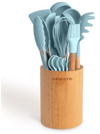 CREATE/Set de utensilios azul y madera / 11 utensilios, silicona y madera de haya, libres de BPA, resistente al calor hasta 230°C