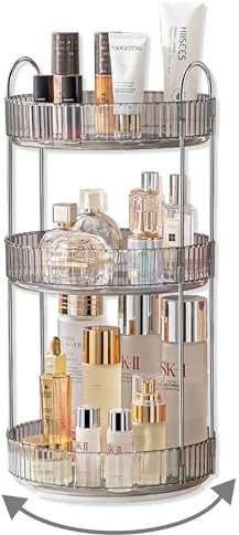 Asayuee 360 Rotating Makeup Organizer,3 Tier Large Capacity Make Up Organizers and Storage,Makeup Organizer for Bathroom,Cosmetic Perfume Stand Organizer(Grey-3 Tier)