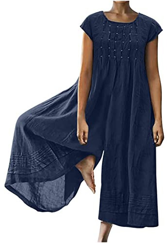EMATOP Playsuit Damen Baumwolle Leinen Jumpsuit Kurzarm Rundhals Overall Lang Sommer Hosenanzug Elegant Einfarbig Latzhose Casual Lose Breites Hosenbein Arbeitshose mit Taschen Onesie Frauen