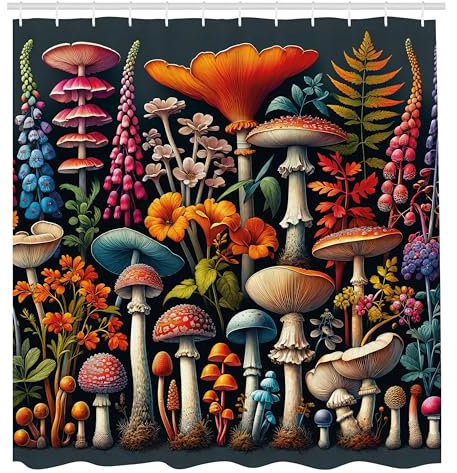 ABAKUHAUS Botanisch Duschvorhang, Abstrakte Pilze und Zweige Bunte Waldleben Gestaltung, Stoffliches Gewebe Badezimmerdekorationsset mit Haken, 175 x 200 cm, Dunkelblau Grau Mehrfarbig