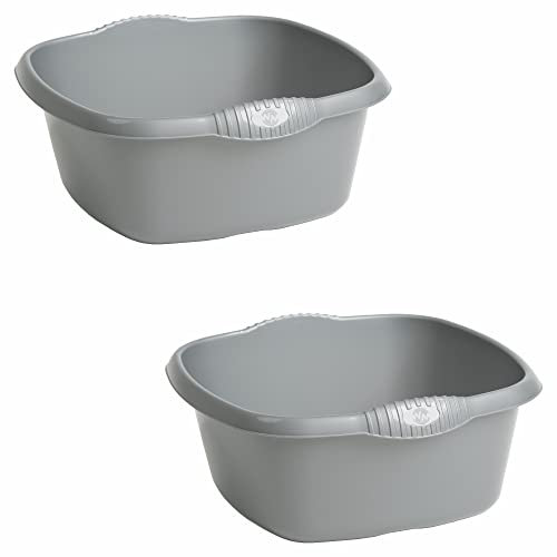 Set of 2 – Silver 9L Litre Square Washing Up Bowl With Integral handles 32cm Perfect for Kitchen Sink, Basin Use Strong And Durable Easy to Use Bowl High Grade Plastic 32cm x 32cm x 15cm (Silver)
